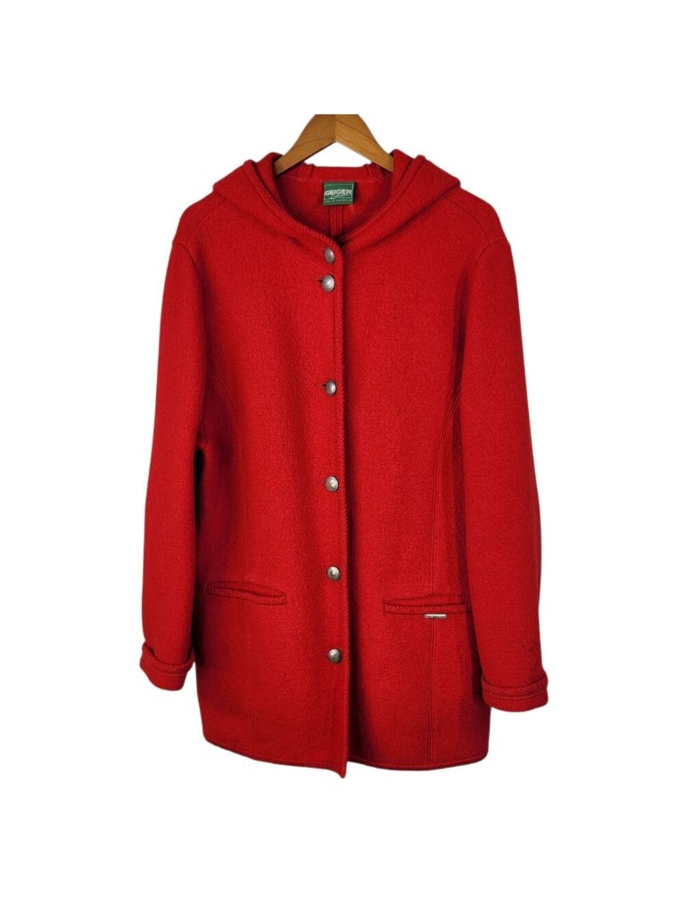 Geiger Boiled 100% Wool Hooded Jacket Coat Size 42 Large Red Button Up Long